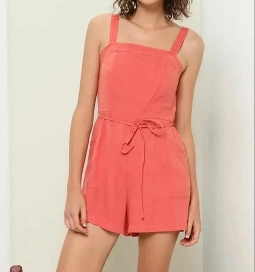 Old Navy Linen Blend Coral Romper Jumpsuit Adjustable Straps Summer Casual